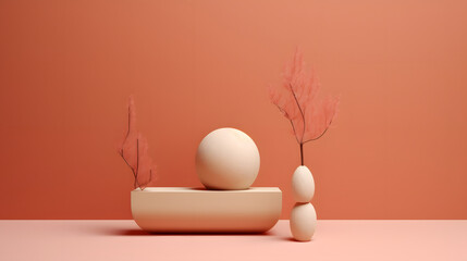 Zen-Inspired Still Life with Spheres, Dry Branches and Abstract Shape, ai generated