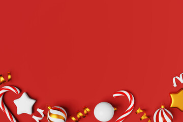 Christmas ornament candy cane balls shiny ribbons 3D rendering red background. Christmastide lollipop caramel stick Festive Xmas copy space banner. Winter holiday seasonal decoration flat lay poster.