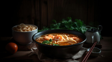 A bowl containing soup with shrimp and noodles, Generative AI