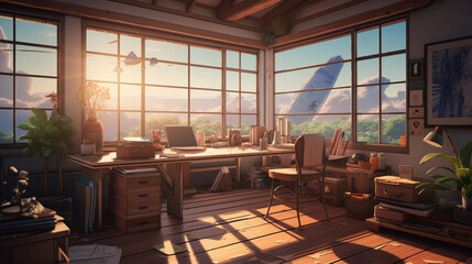 Fototapeta premium ベッドと机があるシンプルな部屋-アニメ背景 ,Generative AI