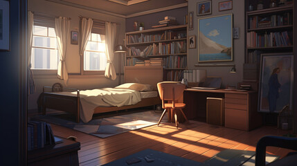 ベッドと机があるシンプルな部屋-アニメ背景 ,Generative AI
