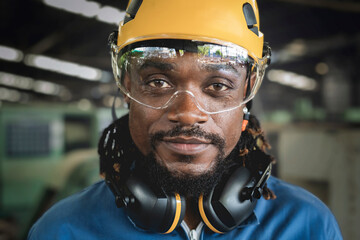 Portrait of smiling African American industrial engineer worker wearing safety helmet and uniform...