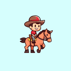 Flat Design Concept, Cartoon Vector Icon Representing a Kid Involved in Horse Racing