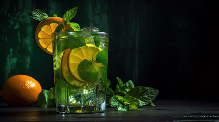 Fresh orange lemonade with ice decorated with mint twigs and orange slices on the black background with copy space, generative AI - obrazy, fototapety, plakaty