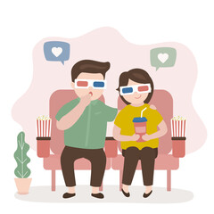 Happy love couple sitting in cinema and watching movie. People in stereo glasses are watching 3d movie. Cute characters eating popcorn and looking at screen.
