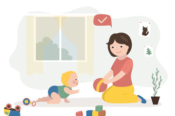Obraz na płótnie Canvas Mother plays toys with cute infant. Caucasian child learns to crawl and play with toys. Happy parent gives ball to small child. Mom and newborn baby in interior of children's room.