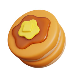 Stack of pancakes with maple syrup and piece of butter. Fast food meal and dessert icon isolated. 3D Rendering