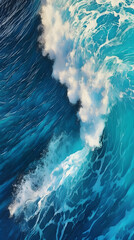 Blue waves in the ocean, viewed from an aerial perspective. AI generated.