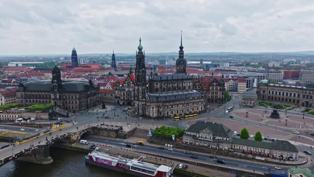 Drone shot of Dresden Cathedral ( Katholische Hofkirche ) or Cathedral of the Holy Trinity ( Kathedrale Sanctissimae Trinitatis ) , Dresden , Germany .