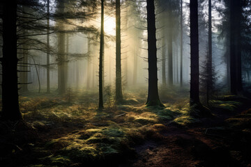 Fototapeta premium morning in the woods with fog generative ai