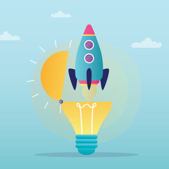 Rocket takes off from an open glowing light bulb. Launching new project, startup. Innovative idea leads to launch of successful enterprise. Idea pitching, brainstorming.