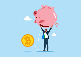 Upset Businessman Shaking Empty Piggy Bank with No bitcoin inside. Bankruptcy, Investment Decrease, Budget Deficit. Flat vector illustration. - obrazy, fototapety, plakaty