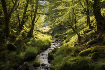 A path in the woods with a stream generative ai