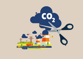 Stop air pollution, co2 , ecological problems. Cutting harmful industry emissions with large scissors. Flat vector illustration
