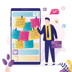 Schedule and notes mobile application. Smart man write goals on sticky notes in app. Entrepreneur sets different business goals. Time management. Businessman focuses on tasks.