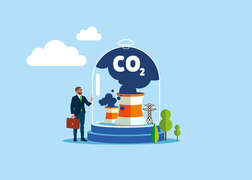 Businessman stand with glass dome strong protection catching harmful cloud. Carbon Capture Technology research. Modern vector illustration in flat style