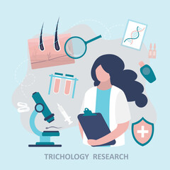 Trichological and dermatological examination of scalp and hair follicles in cosmetology clinic. Female scientist examines hair sample, research by genetic research in laboratory, DNA analysis.
