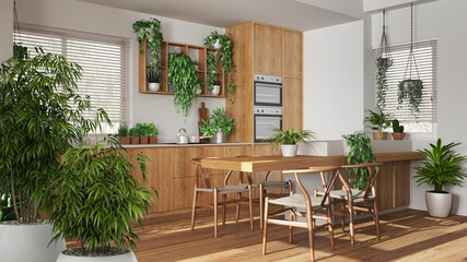 Zen interior with potted bamboo plant, natural interior design concept, kitchen with island and chairs, cabinets and appliances, urban jungle, interior design idea