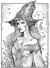 Portrait of a Sensual Woman Wizard, Adult Coloring Page | Ready to Upload on Amazon KDP | Generative AI. 
