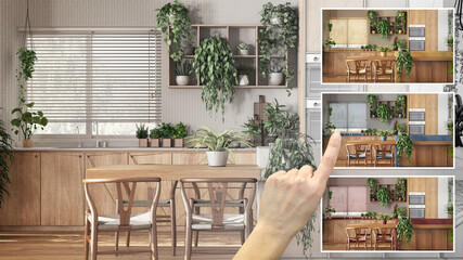 Architect designer concept, hand showing modern dining room and kitchen colors in different options, interior design project draft, color picker, material sample