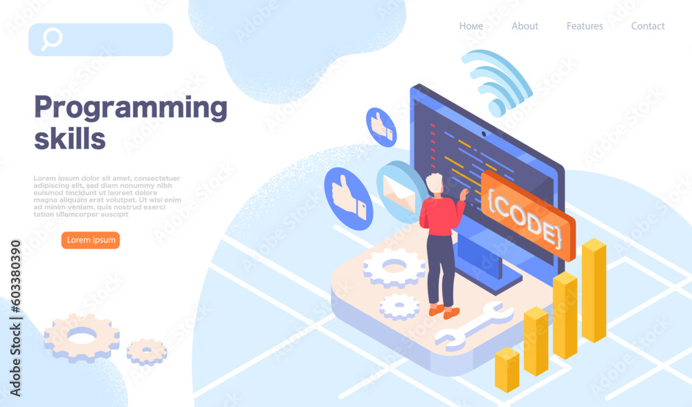 Poster it company concept. man stands near computer screen and writes code. development of programs and app