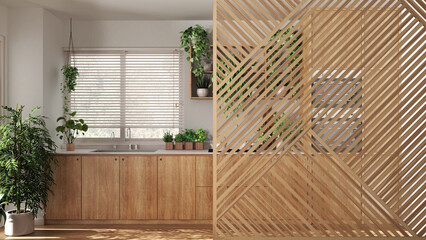 Wooden panel close-up, over cosy wooden sustainable kitchen with appliances and houseplants. Zen interior design concept idea, urban jungle template