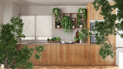 Fototapeta na wymiar Green summer or spring leaves, tree branch over interior design scene. Natural ecology concept idea. Kitchen and dining room with many houseplants. Urban jungle design