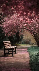 Fototapeta na wymiar a park bench sitting under a tree filled with pink flowers. generative ai