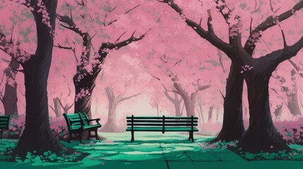  a painting of a park bench and trees with pink flowers.  generative ai