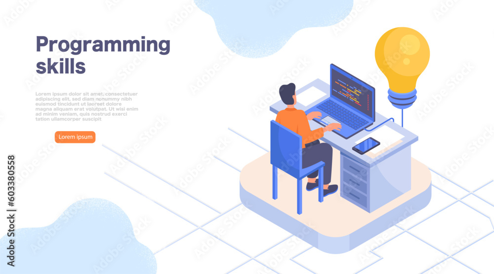 Poster it company concept. man sitting at laptop next to light bulb. development of programs and apps. prog