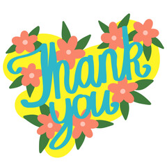 Hand drawn illustration sticker of yellow blue summer thank you card. Thankful grateful icon symbol, gratitude design, colorful cartoon bright drawing sketch, flower floral background.