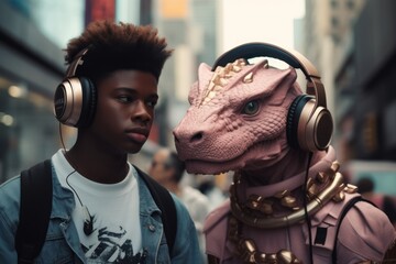 AI-generated Afro-man with dragon at the city street