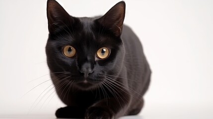  a black cat with yellow eyes is looking at the camera.  generative ai