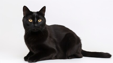  a black cat sitting on a white background looking at the camera.  generative ai