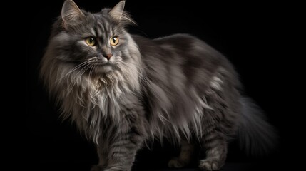  a long haired gray cat with yellow eyes looking at the camera.  generative ai