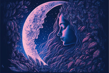 Magicland of dreams, wonderful creatures, fantasy valley of ideas in purple, sleeping beauty, double-side of world, amazing mind, Generative AI