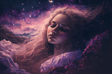 Magicland of dreams, wonderful creatures, fantasy valley of colorful ideas, sleeping beauty, double-side of world, amazing mind, Generative AI