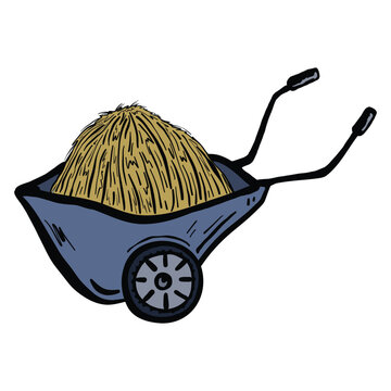 wheelbarrow full of hay, blue, black outline clip art preview