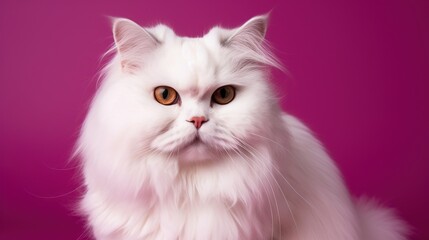  a white cat with brown eyes sitting on a pink background.  generative ai