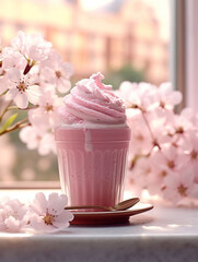 A glass of refreshing cherry milkshake topped with cream and pink flowers, providing a beautiful table decoration.