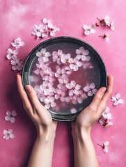 A woman resting her hand in a bowl of cherry flower petals, enjoying the therapeutic aroma for relaxation and wellness.