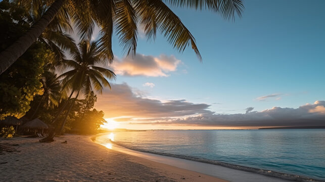 A tranquil sunset by an idyllic beach, with coconut palm trees and the vast ocean beyond. The beauty of nature radiating in its perfect tranquility.