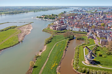 Fototapeta premium Aerial from the historical city Gorinchem at the river Merwede in the Netherlands
