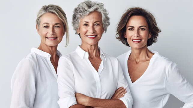 Three mature women in elegant business outfits posing isolated on bright background