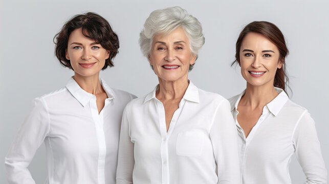 Group of three mature women posing on gray background