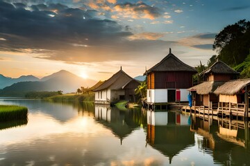 Fototapeta premium sunset in the lake village