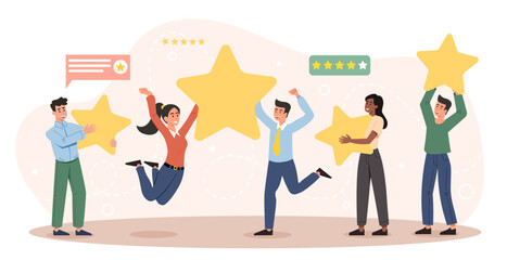 Star rating concept. Satisfied customers give high rating to product or service. Feedback, review and opinion. Know your client. Business satisfaction and marketing. Cartoon flat vector illustration