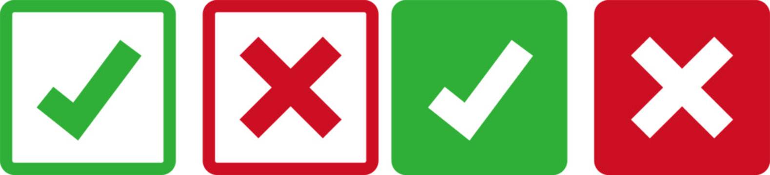 Set green approval checkmark and red cross icons in the square, checklist signs, isolated symbols. Vector