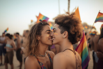 Obraz na płótnie Canvas Beautiful Generative AI Couple at LGBTQ+ Gay Pride Parade in Tel Aviv, Israel. Love and Diversity in the LGBTQ+ Community. Tel Aviv Pride Month Celebration 