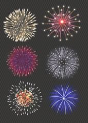 set of isolated vector fireworks on transparent background.